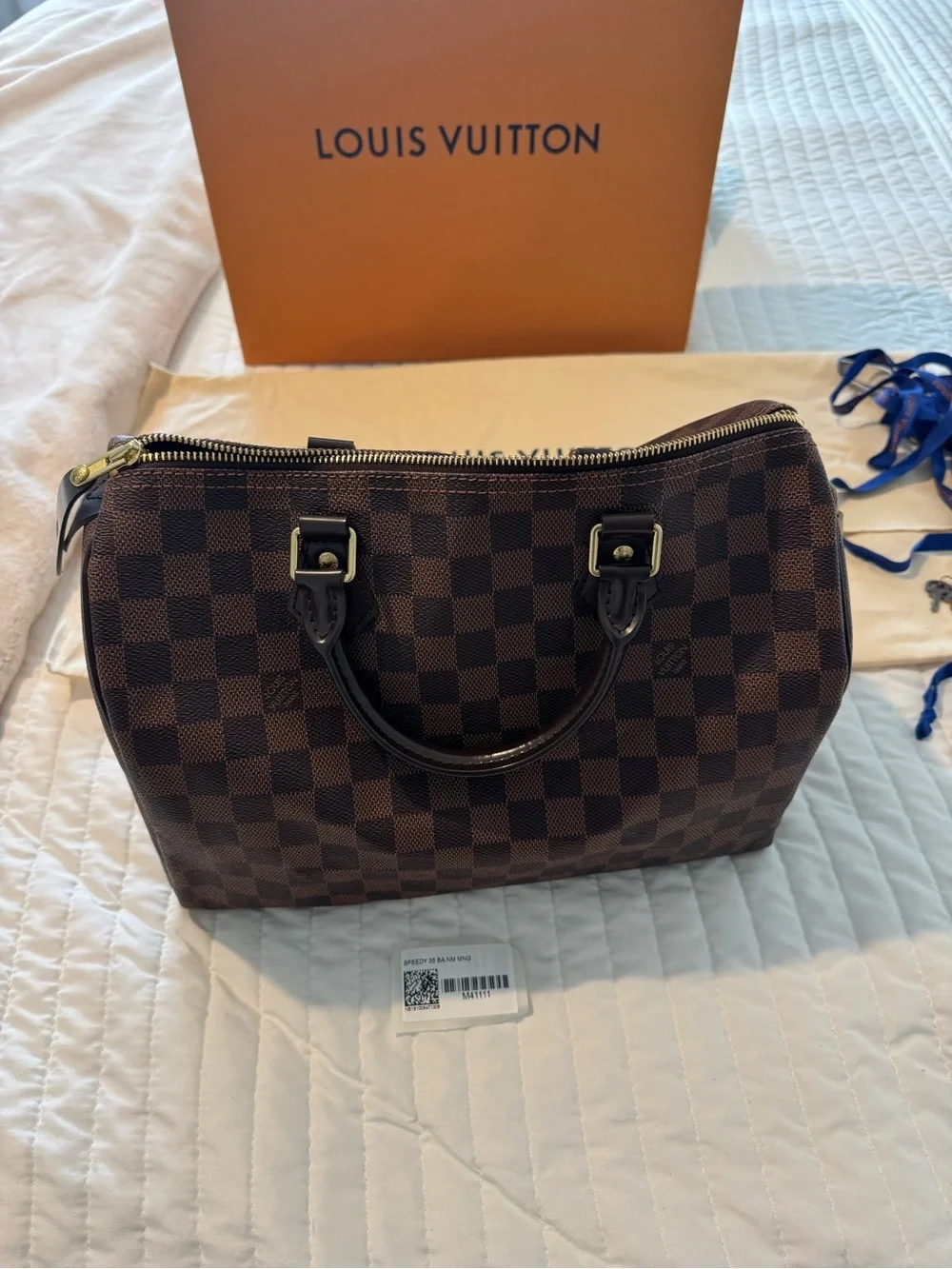 Louis Vuitton Brown Damier Ebene Satchel with Gold-Tone Hardware